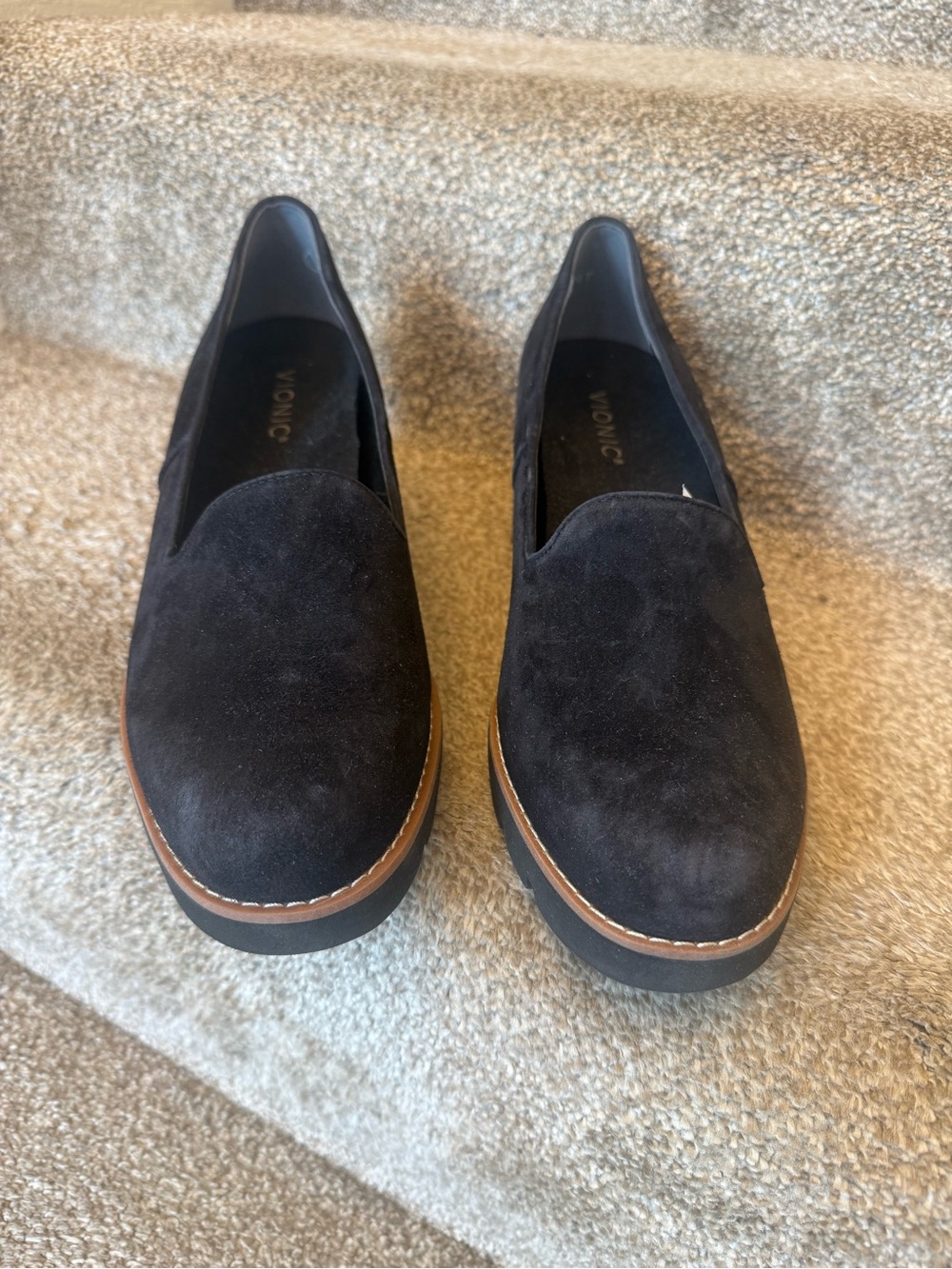 Vionic Women's Black Suede Wedge Loafers with Brown Trim